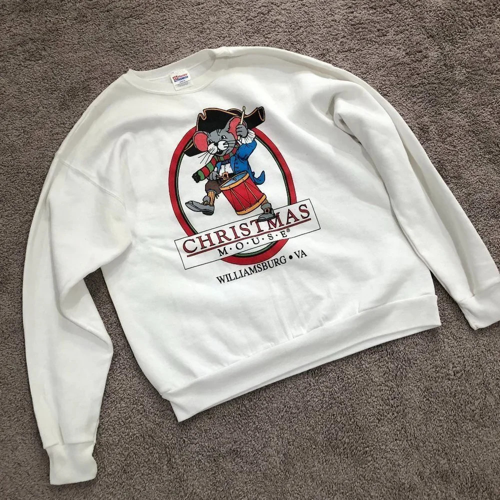 Williamsburg‎ VA Christmas Mouse Pullover Sweatshirt White Adult XL